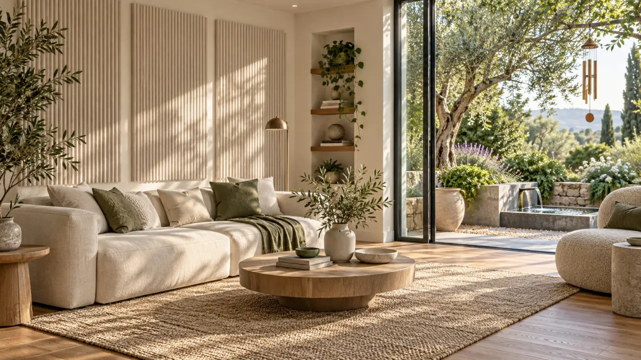 Salon chaleureux aménagé avec des éléments de design sonore et un carillon près d'une baie vitrée