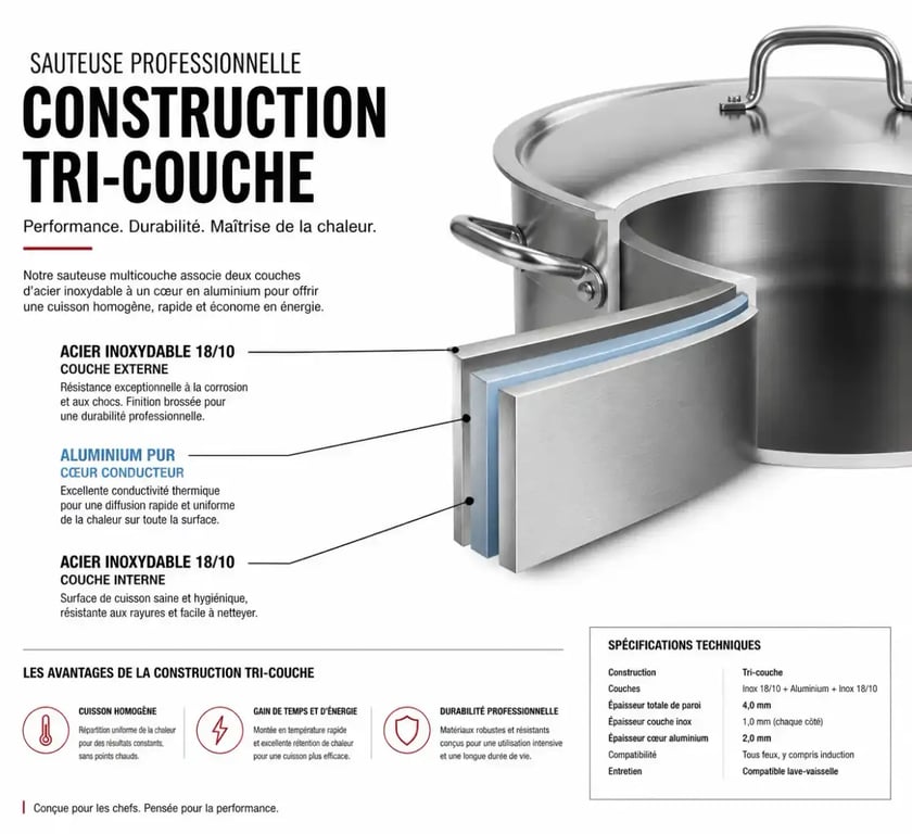Schéma technique d'une sauteuse professionnelle en inox multicouche pour cuisine