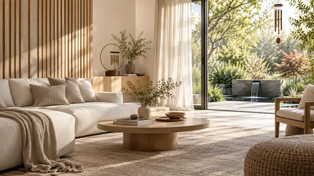 Intérieur chaleureux ouvert sur un jardin, aménagé avec des éléments de design sonore