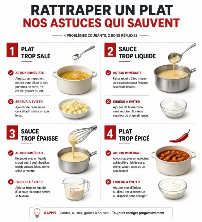 Infographie d'astuces de cuisine pour rattraper un plat trop salé, trop épicé ou trop liquide