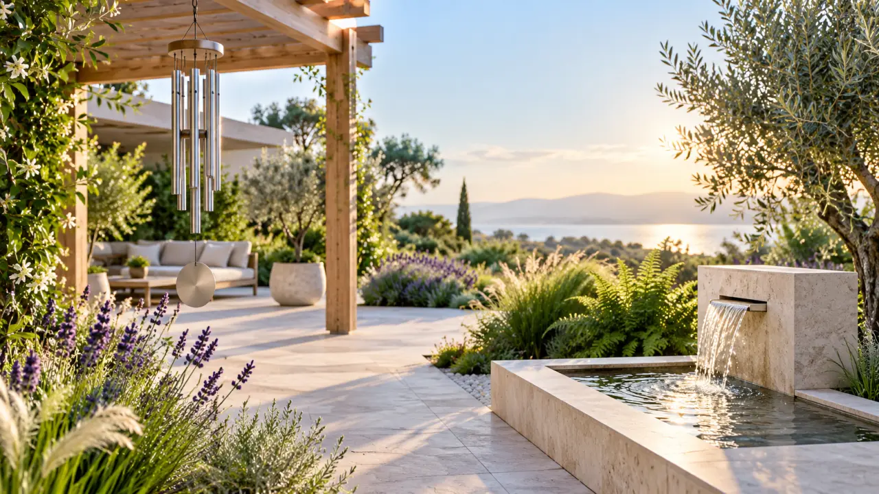 Jardin paisible avec un carillon à vent et une fontaine entourés de végétation