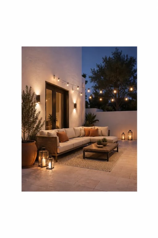 Aménagement patio extérieur avec éclairage doux et ambiance cosy le soir