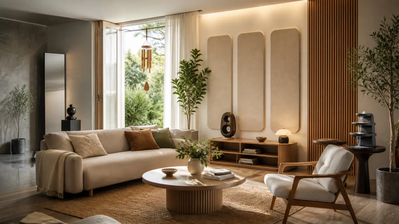 Salon chaleureux ouvert sur un jardin, avec carillon en bambou et éléments acoustiques décoratifs
