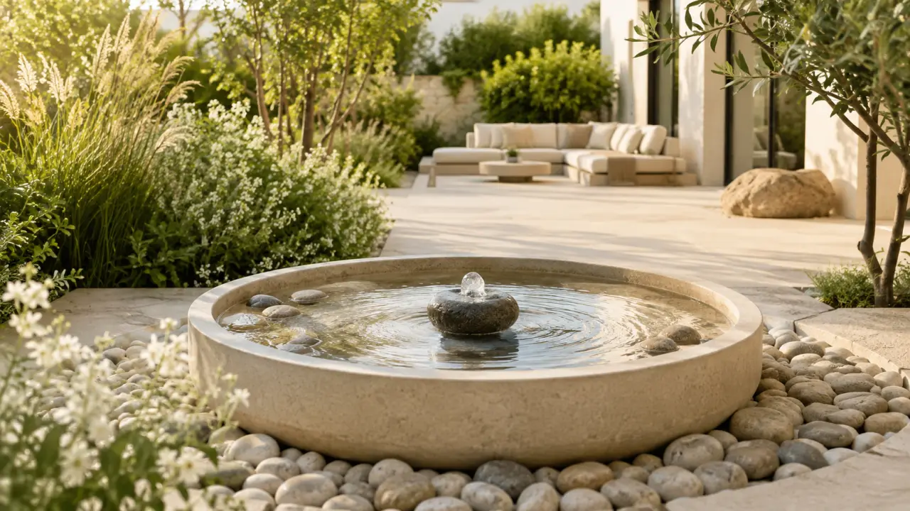 Fontaine sonore en pierre dans un jardin végétalisé et apaisant