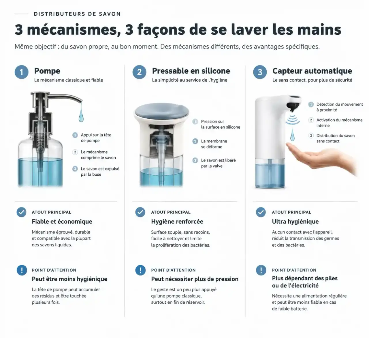 Comparatif des mécanismes d'un distributeur de savon pour salle de bain : pompe, pressable et capteur automatique