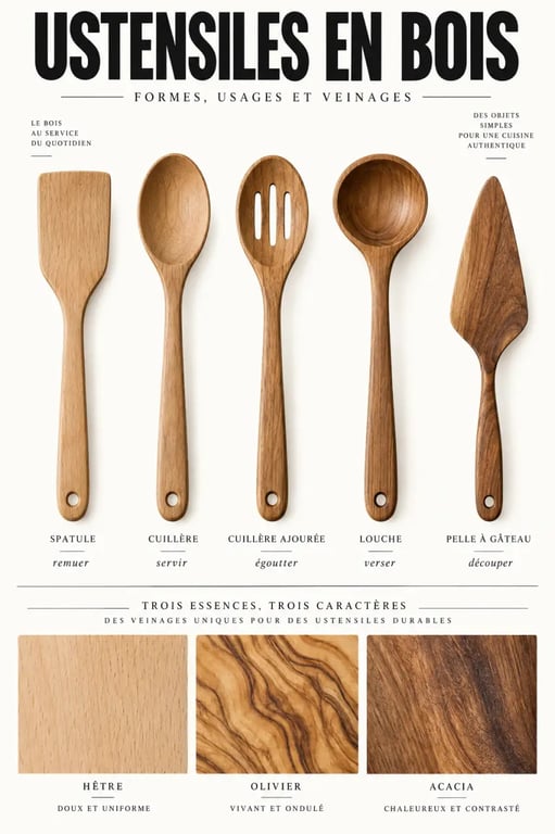 Ustensiles de cuisine en bois en hêtre, olivier et acacia avec leurs usages