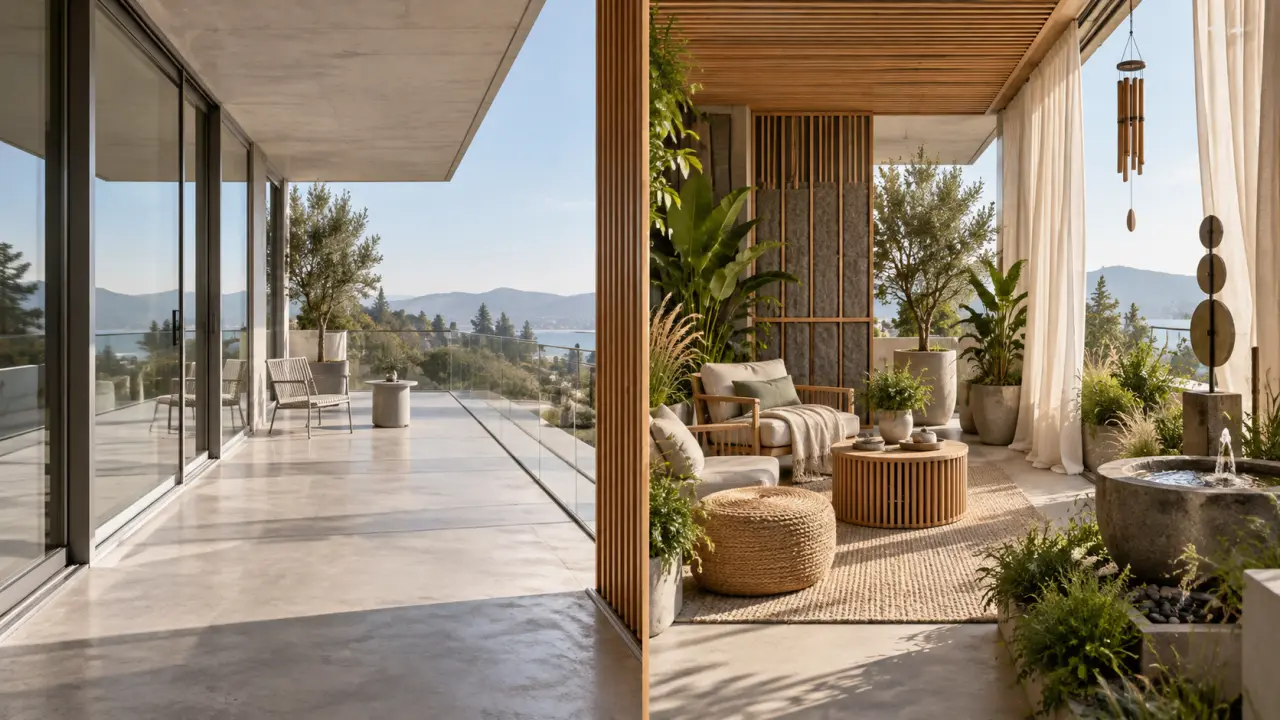 Terrasse transformée en refuge sonore avec végétation, matières naturelles et carillon