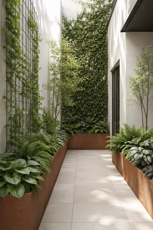 Aménagement patio extérieur avec végétalisation verticale et mur planté