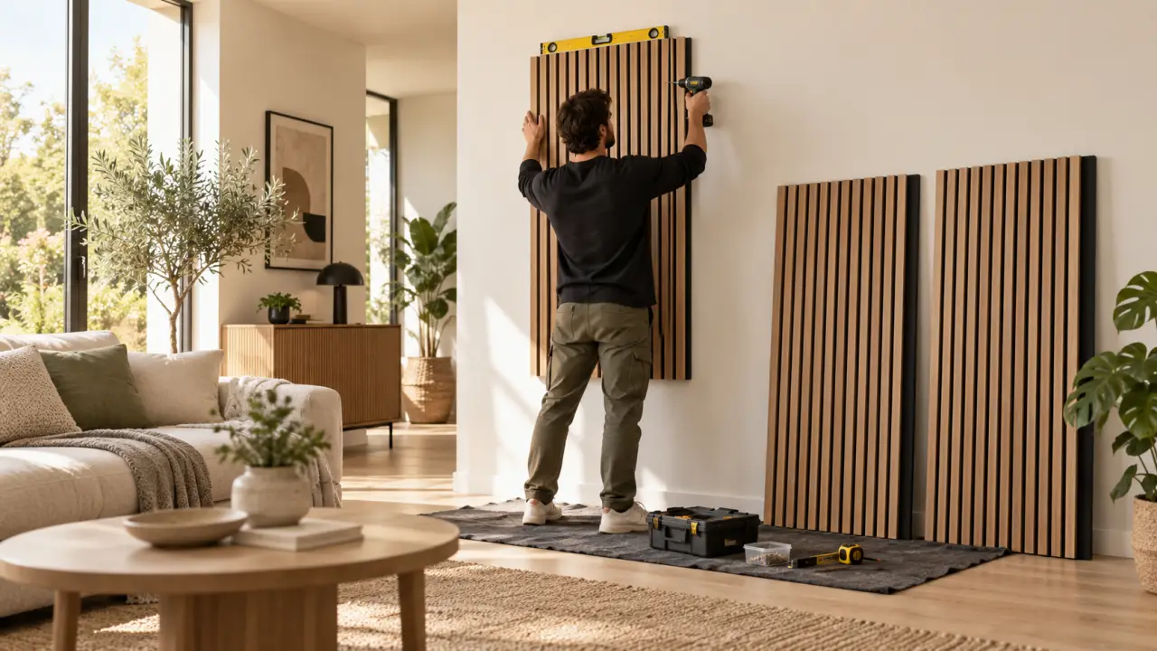 Panneau acoustique décoratif installé sur un mur dans un intérieur chaleureux