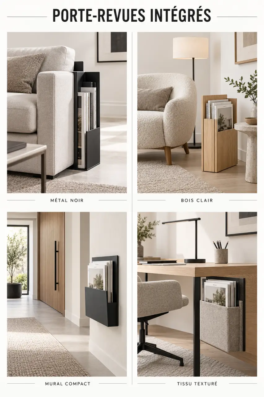 Porte magazine en métal, bois et tissu intégré dans plusieurs pièces