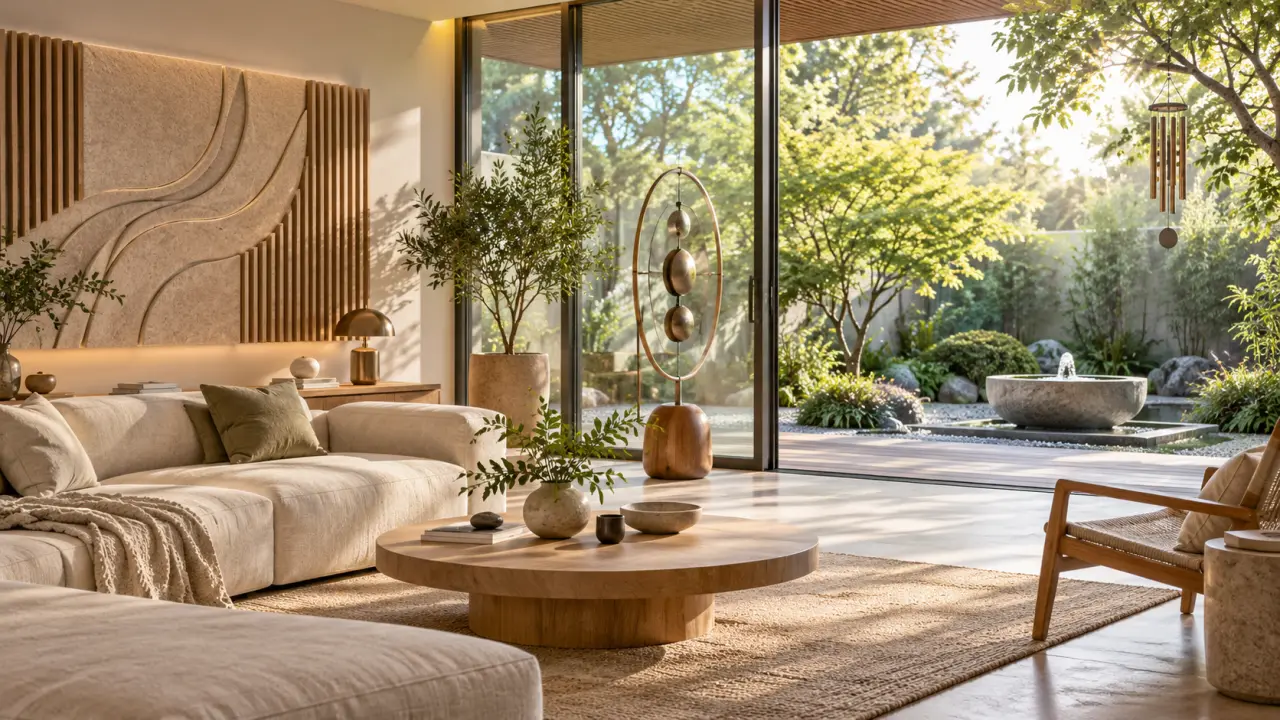 Salon chaleureux ouvert sur un jardin, avec diffuseurs acoustiques en bois et carillon suspendu
