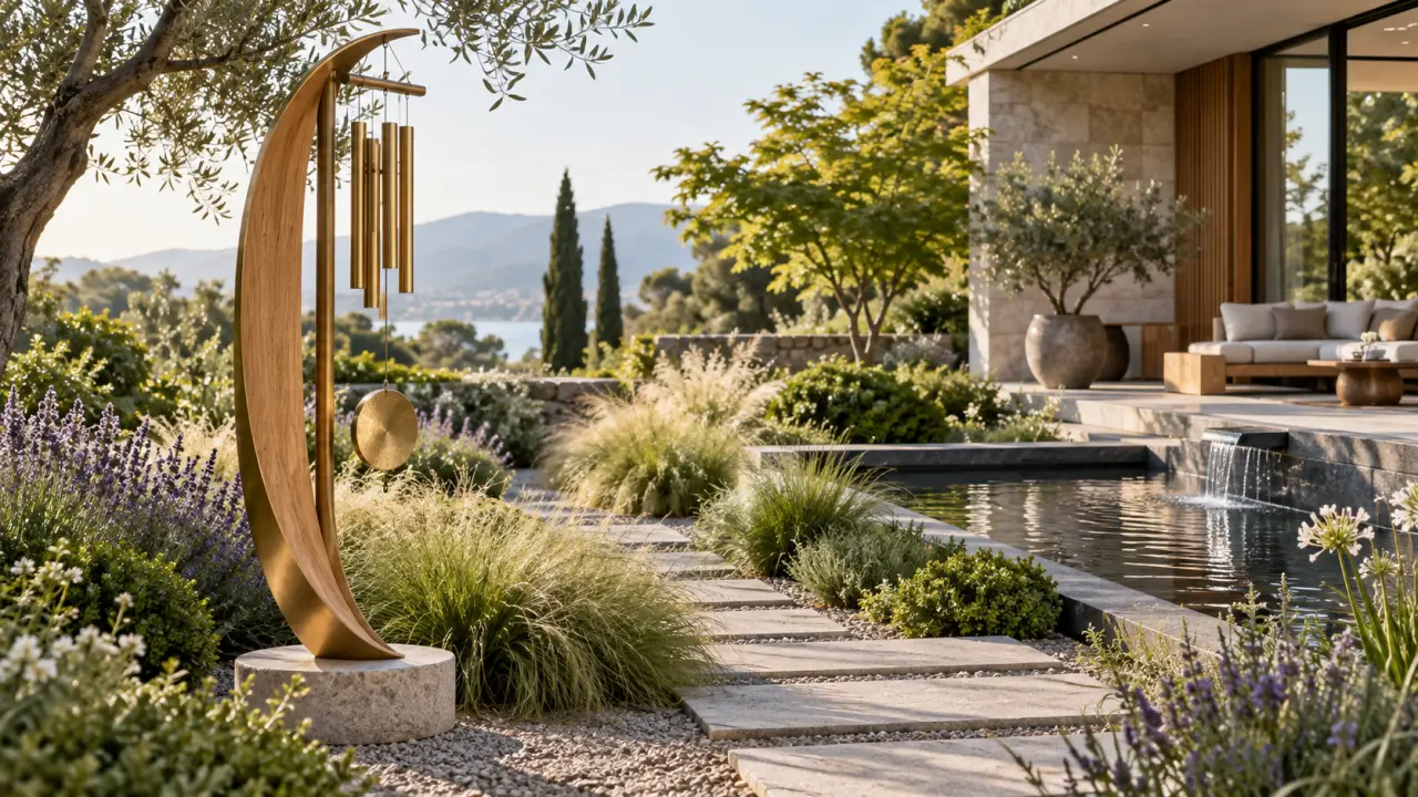 Sculpture sonore élégante installée dans un jardin paysager