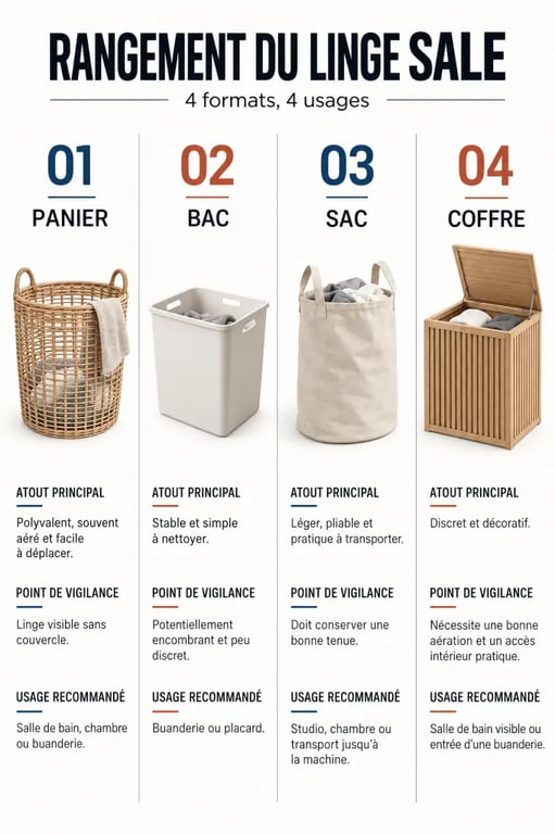 Infographie comparative des solutions de rangement linge sale : panier, bac, sac et coffre