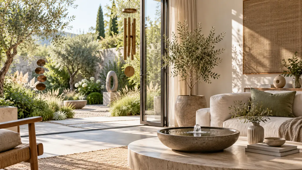 Salon chaleureux ouvert sur un jardin avec des éléments de design sonore