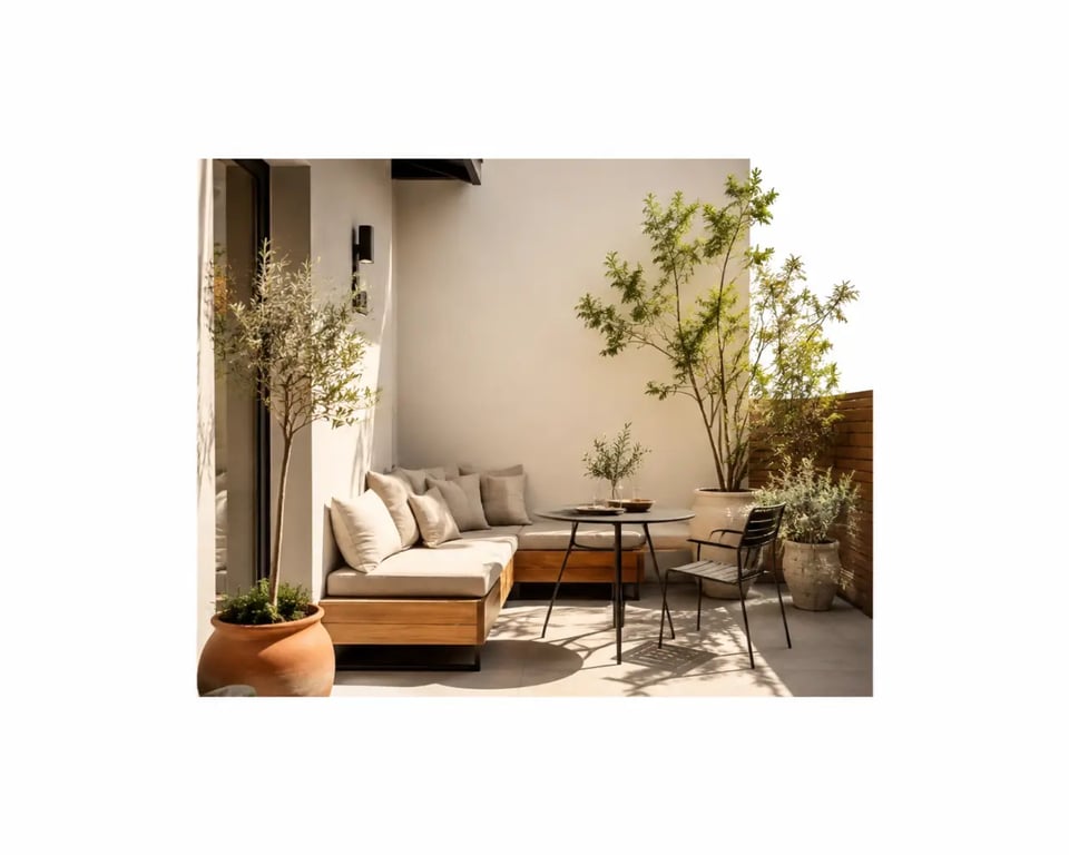 Aménagement patio extérieur avec mobilier compact et ambiance cosy dans une petite cour