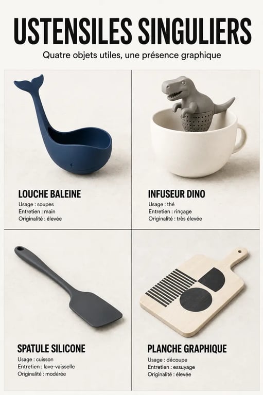 Ustensiles de cuisine originaux : sélection visuelle par usage, entretien et originalité