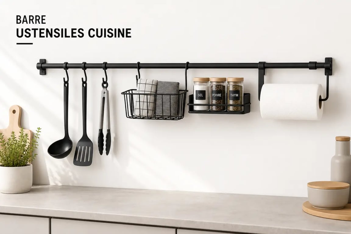Barre ustensiles cuisine avec crochets, panier et porte-épices au-dessus du plan de travail