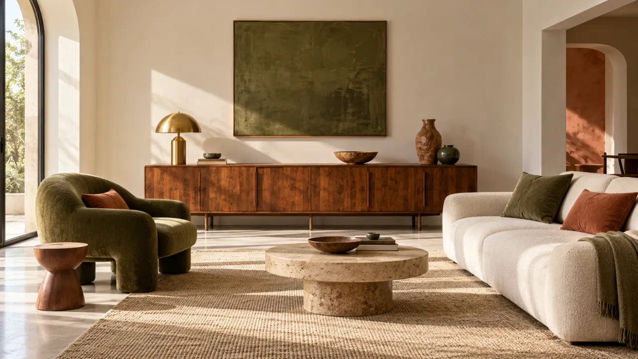 Salon vintage deco avec enfilade en bois patiné, fauteuil arrondi et canapé contemporain