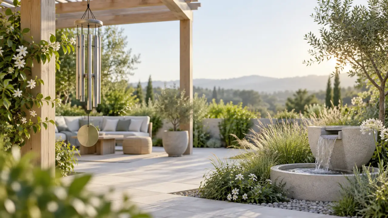 Jardin apaisant avec un carillon à vent et une fontaine entourée de végétation
