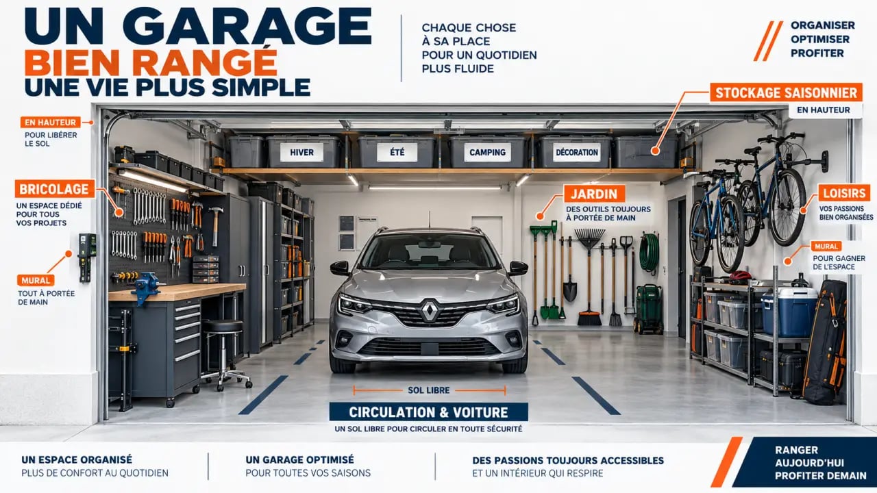 Infographie d’optimisation du rangement d’un garage par zones et rangements muraux