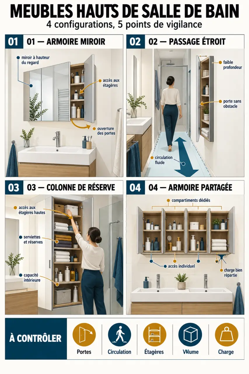 Infographie des formats de meuble haut de salle de bain selon les besoins de rangement