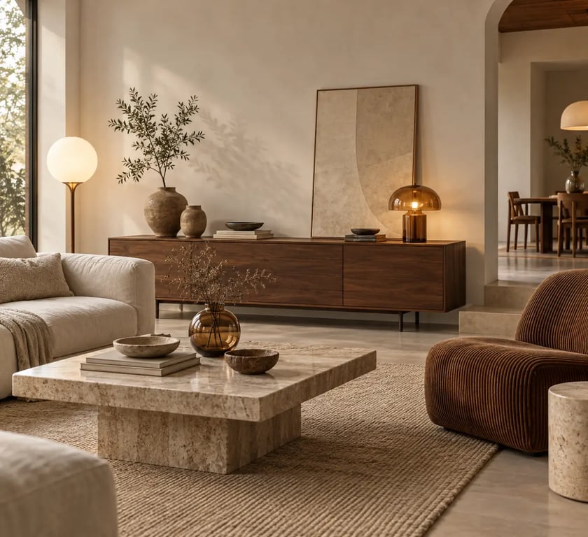 Association de bois foncé, pierre mate, verre ambré et textiles texturés pour la tendance déco maison 2026