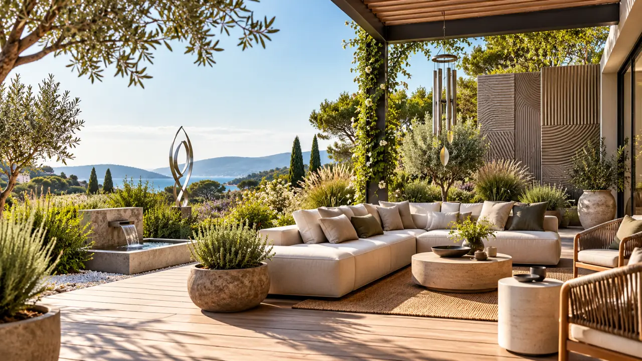 Terrasse aménagée comme une pièce à vivre avec plantes, matières naturelles et carillon à vent