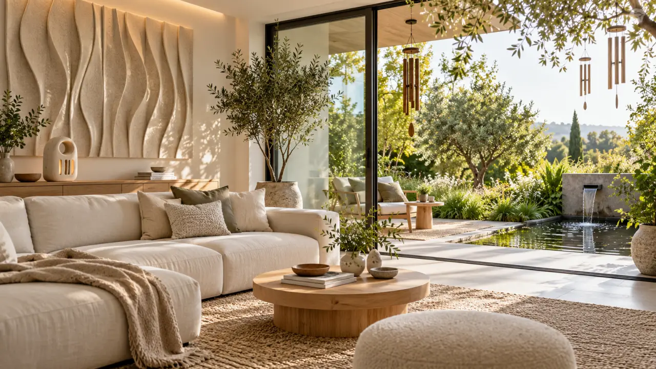 Salon chaleureux ouvert sur un jardin, avec diffuseurs acoustiques en bois et carillon suspendu