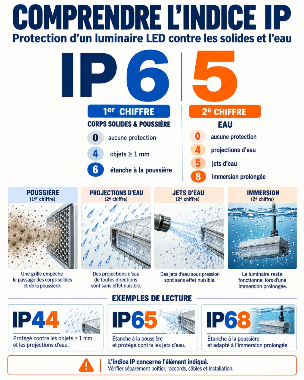 Infographie sur l’indice IP d’un éclairage par LED avec les exemples IP44, IP65 et IP68