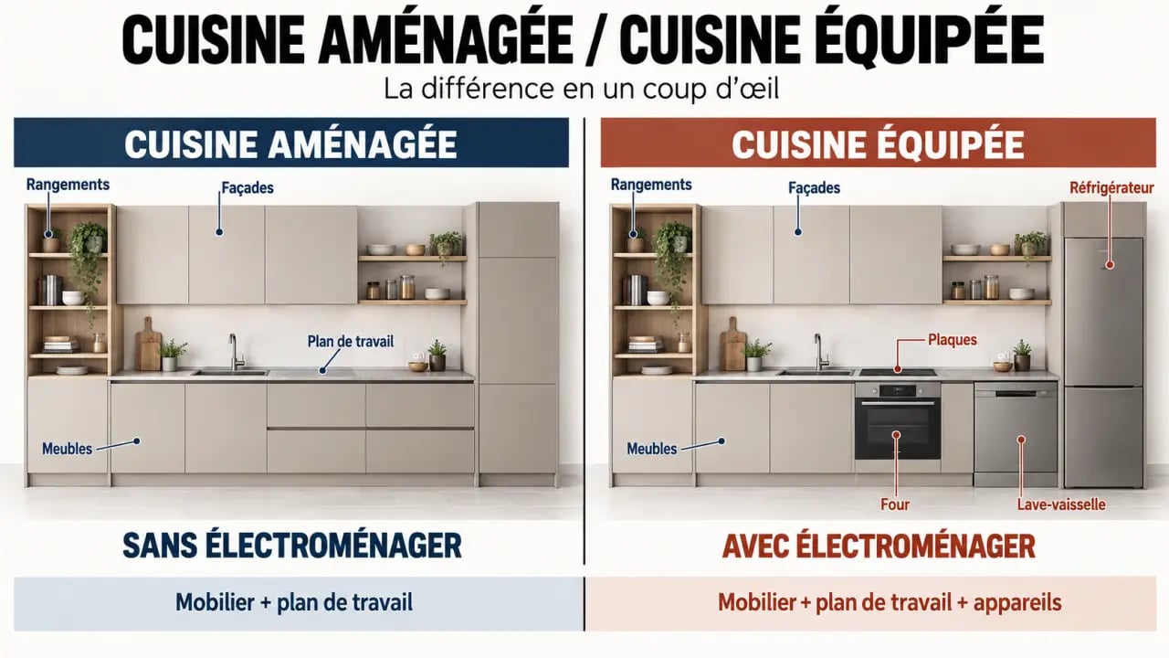 Infographie expliquant la différence entre cuisine équipée et aménagée