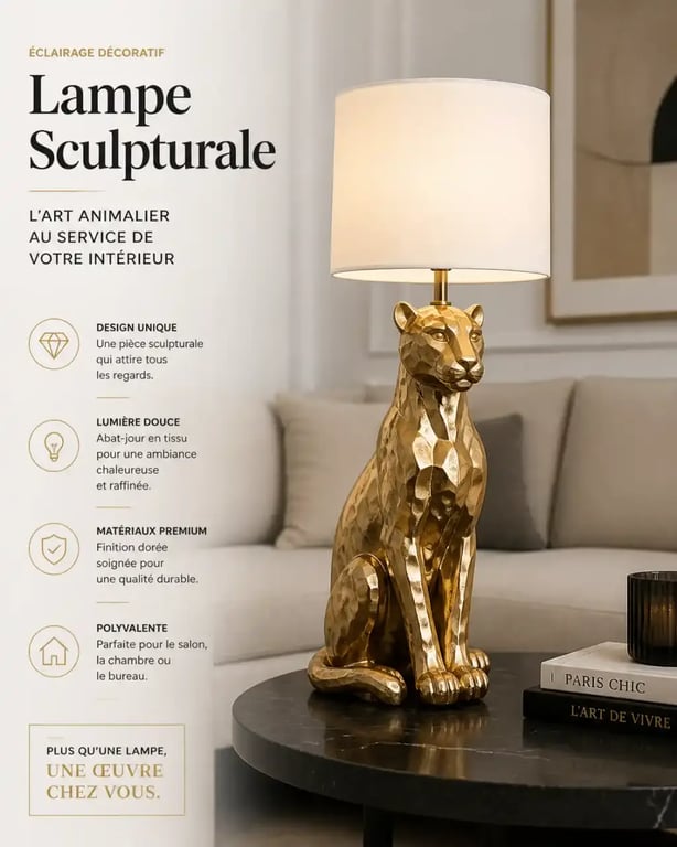 Lampe originale sculpturale dorée dans un salon moderne