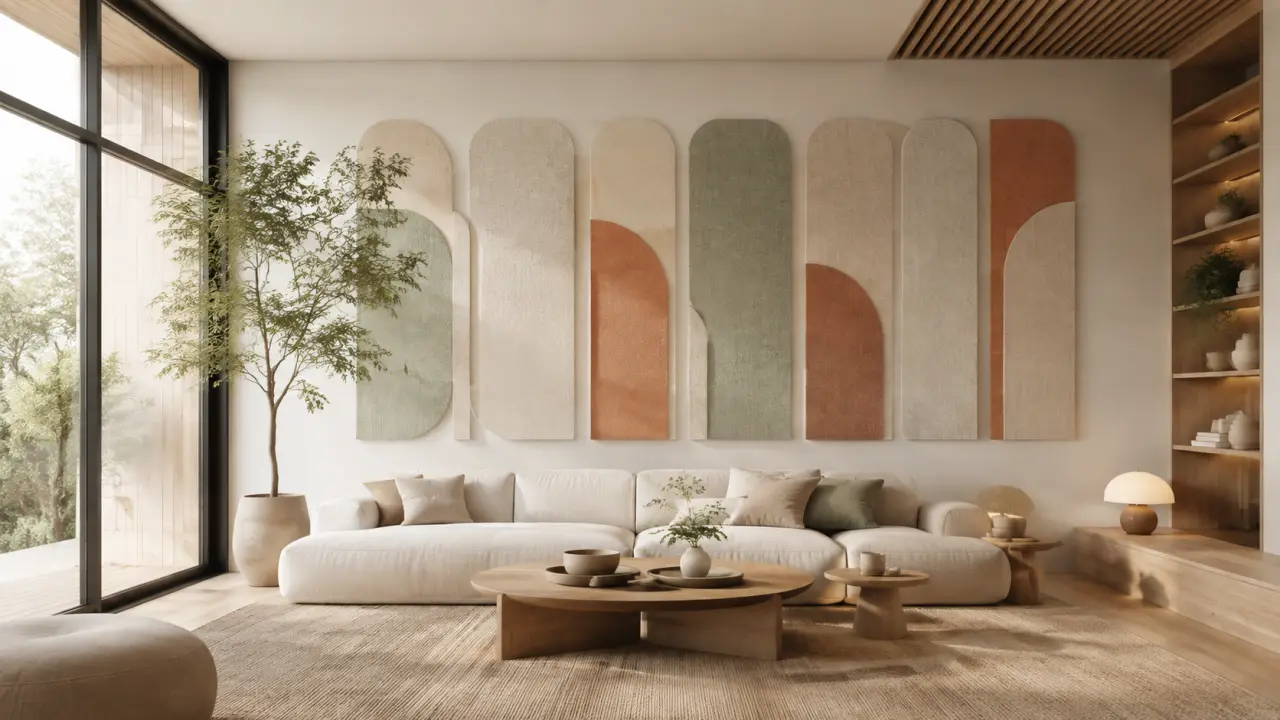 Salon chaleureux aménagé avec des éléments décoratifs pensés pour une acoustique apaisante