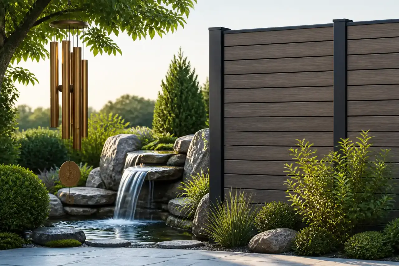 Salon lumineux ouvert sur un jardin, avec carillon en bambou, diffuseurs acoustiques en bois et atmosphère apaisante