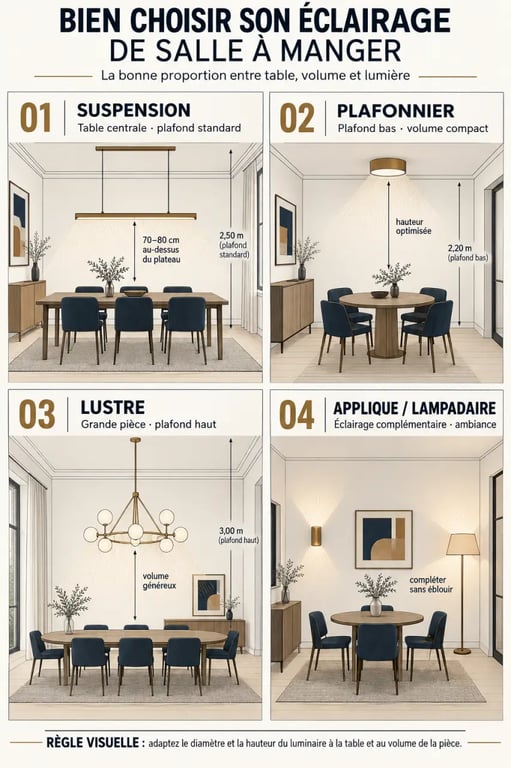 Lampe salle à manger : suspension, plafonnier, lustre et éclairage complémentaire selon la configuration