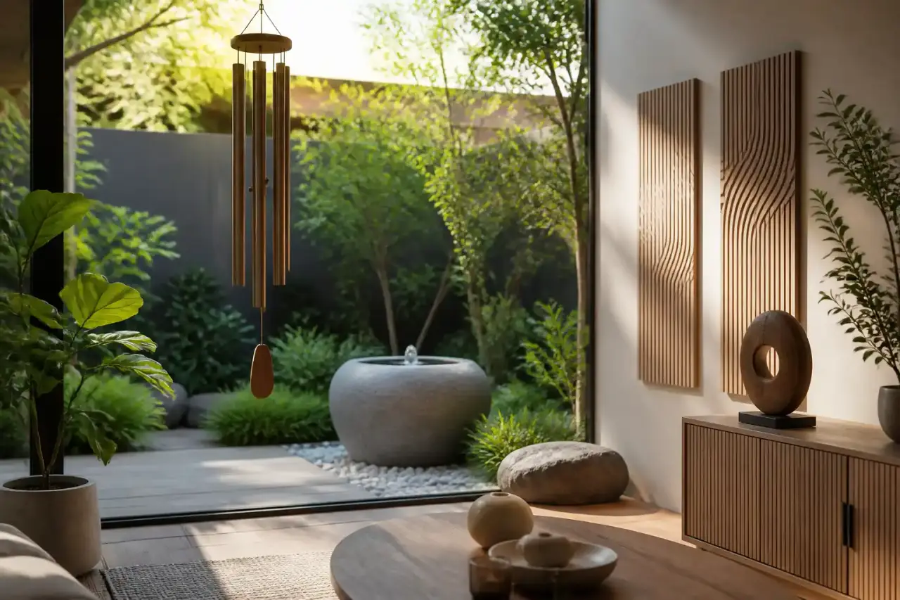 Espace de vie harmonieux combinant design intérieur et extérieur avec des éléments d'acoustique naturelle