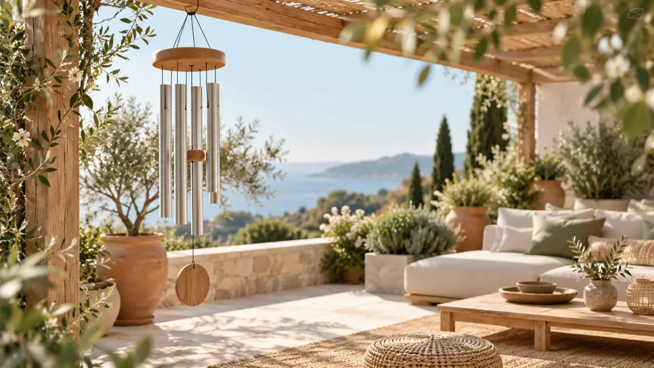 Carillon à vent suspendu sur une terrasse végétalisée après l'été