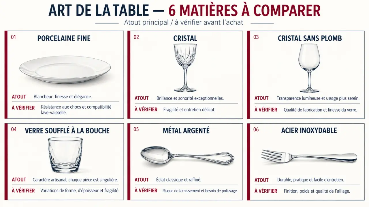 Infographie des matières de l’art de la table luxe et de leurs critères de choix