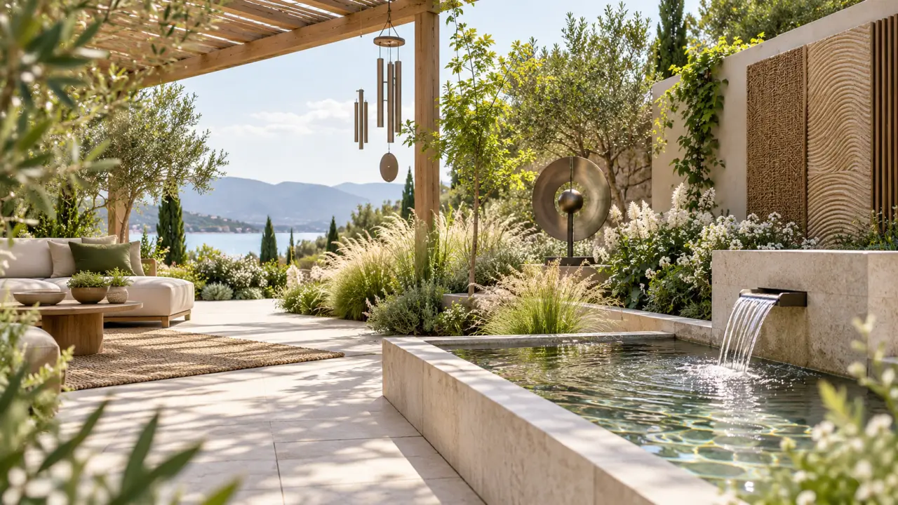 Jardin sensoriel lumineux avec carillon à vent, végétation et espace de détente