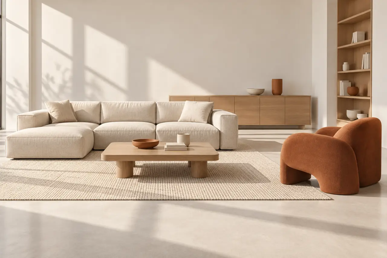 Salon aménagé avec des meubles salons design proportionnés, confortables et fonctionnels
