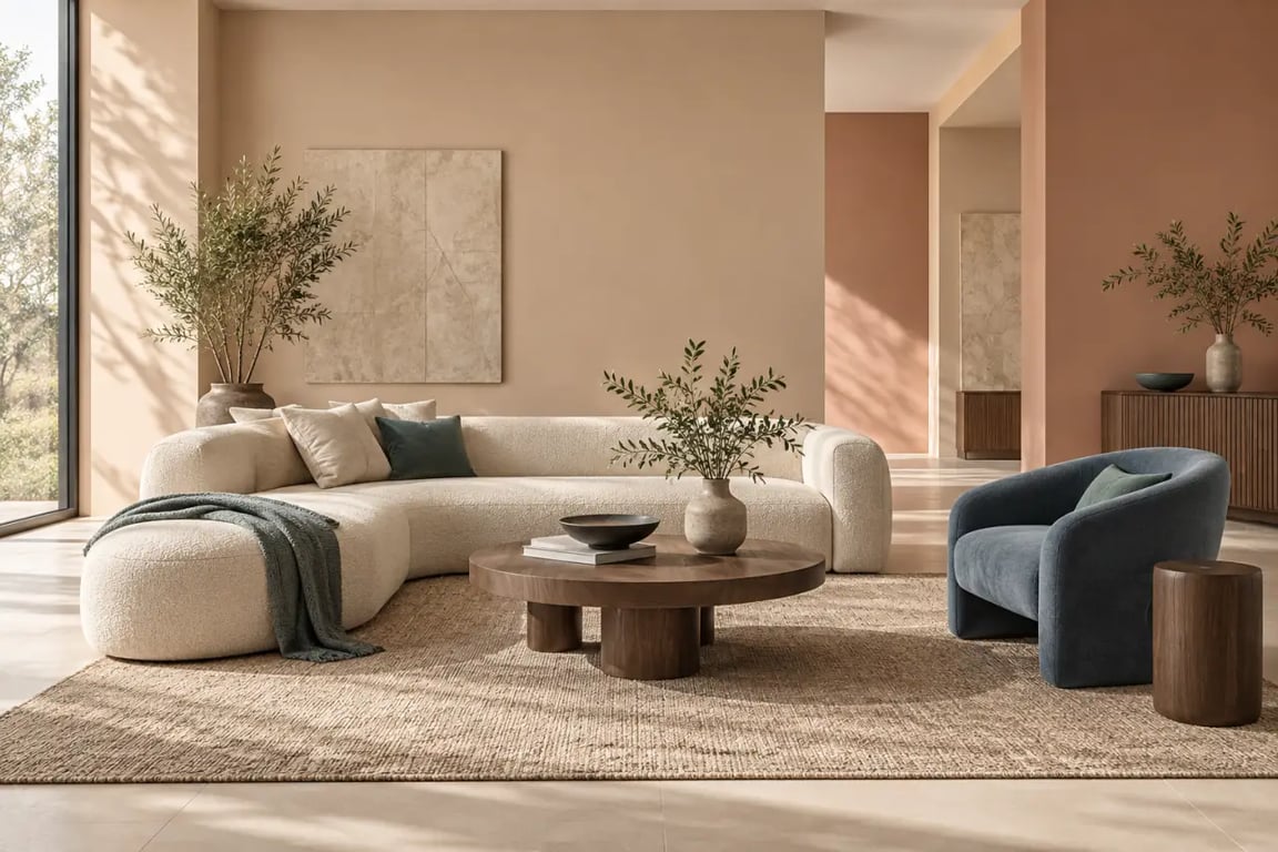 Salon aux couleurs terreuses et aux matières naturelles illustrant la tendance déco maison 2026