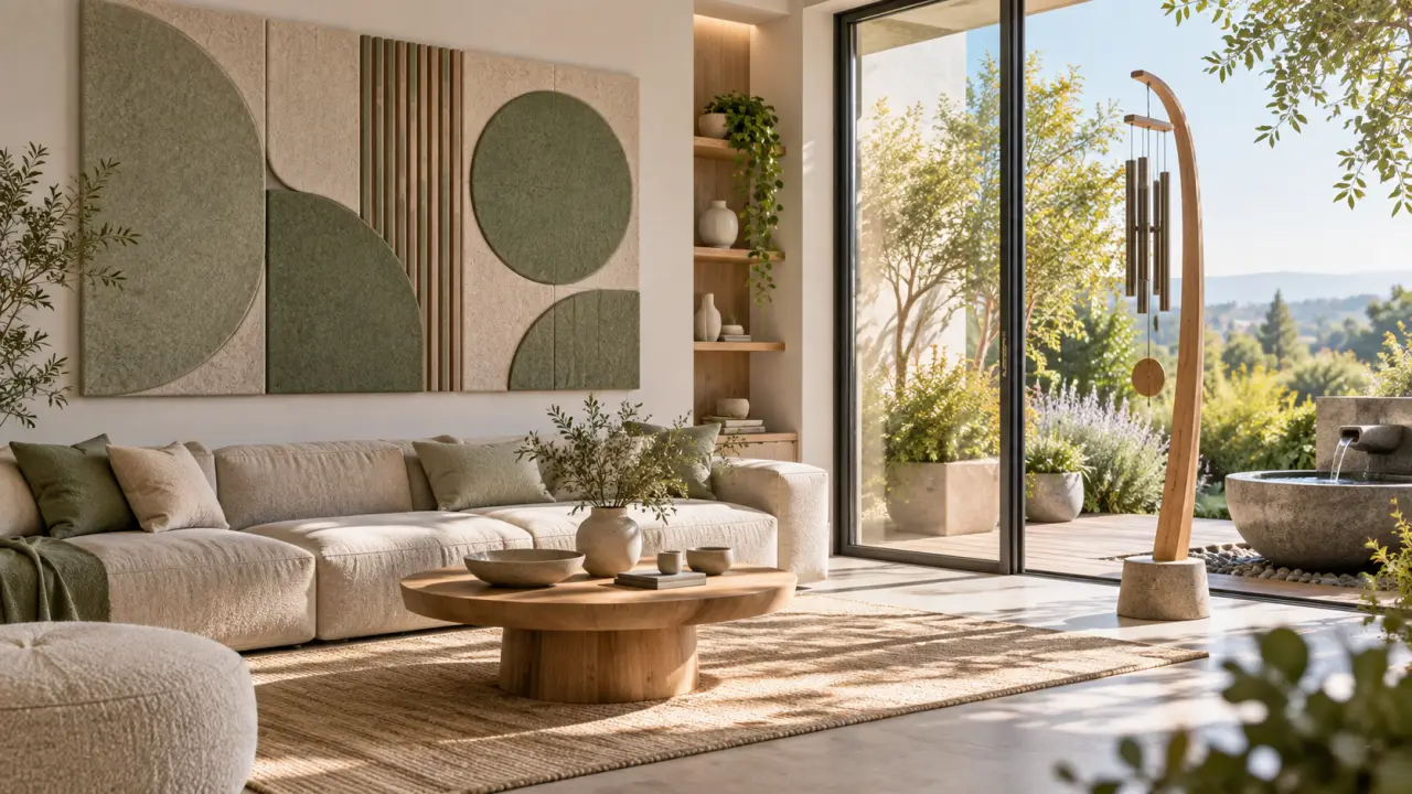 Intérieur chaleureux associant un panneau acoustique décoratif et une sculpture sonore