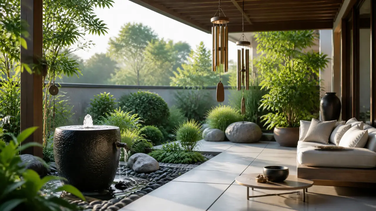 Jardin lumineux avec carillon en bambou et ambiance apaisante