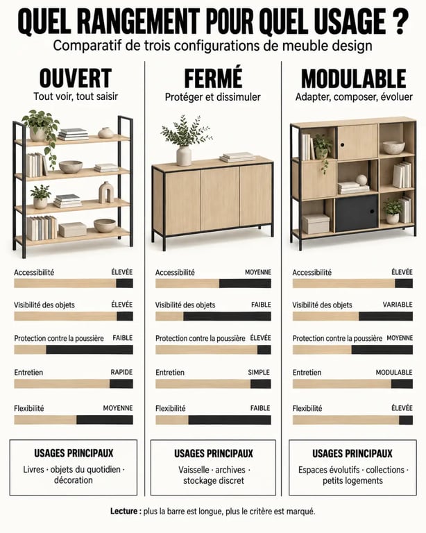 Infographie comparative des configurations d’un meuble de rangement design ouvert, fermé ou modulable