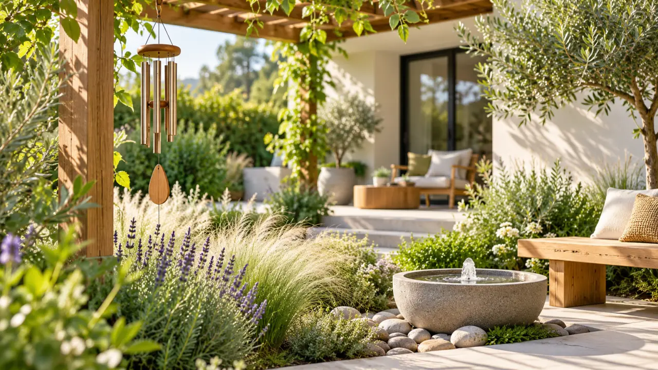 Jardin apaisant avec carillon à vent, plantes et éléments naturels
