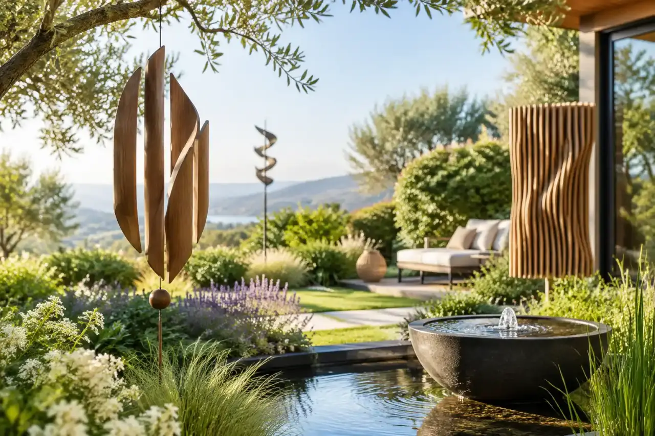 Sculpture sonore élégante installée dans un jardin lumineux et végétalisé