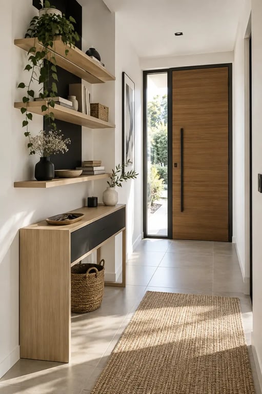 Meuble de rangement design bas et étroit aménageant une petite entrée sans gêner la circulation
