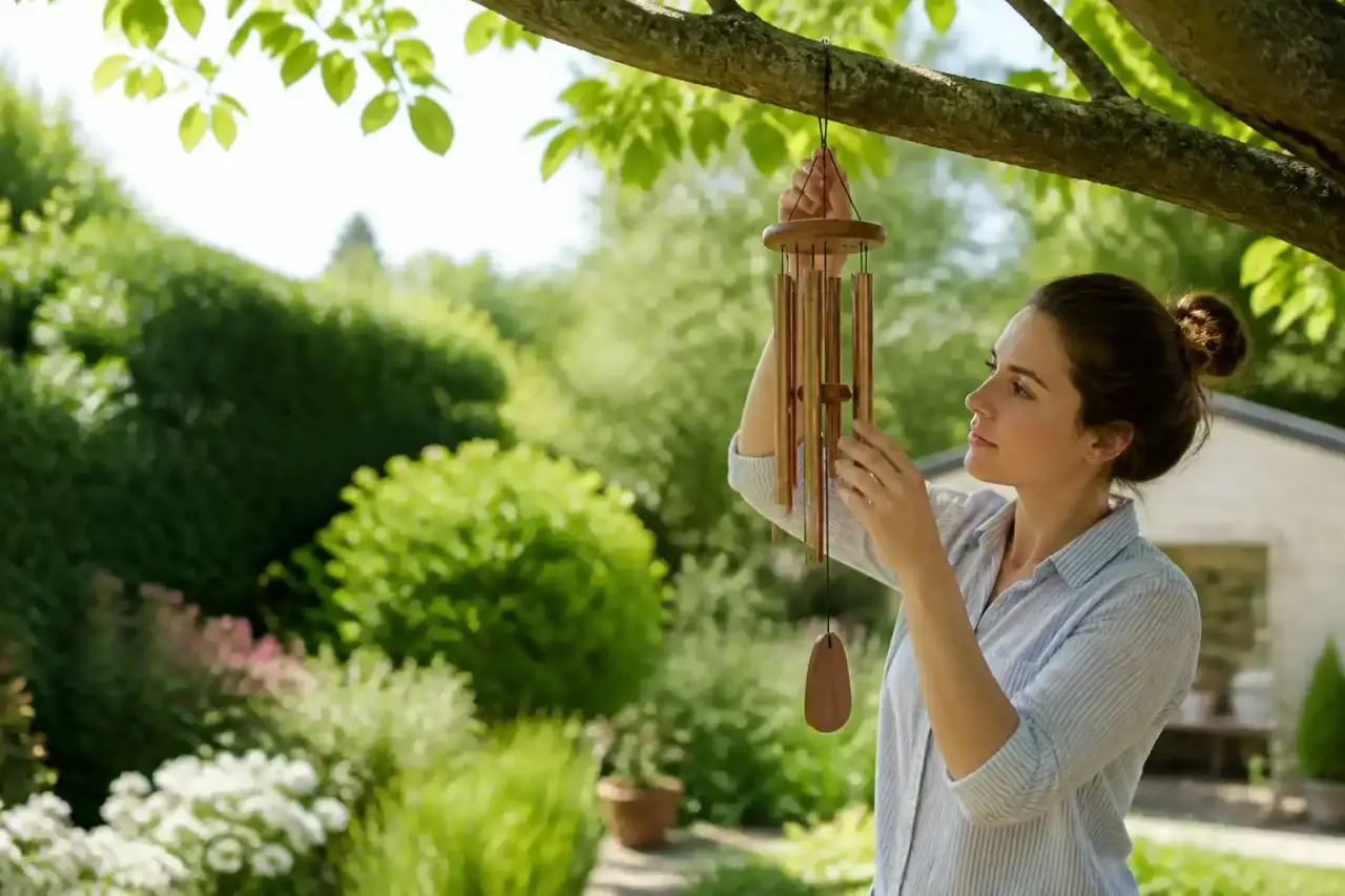 Carillon à vent suspendu dans un jardin lumineux, près d'une terrasse végétalisée