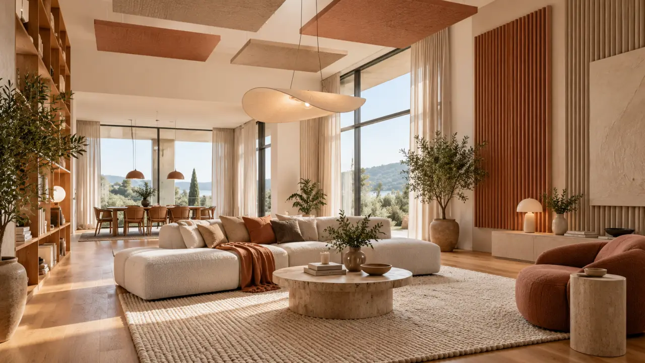 Salon ouvert lumineux aménagé avec des éléments décoratifs favorisant une acoustique apaisée