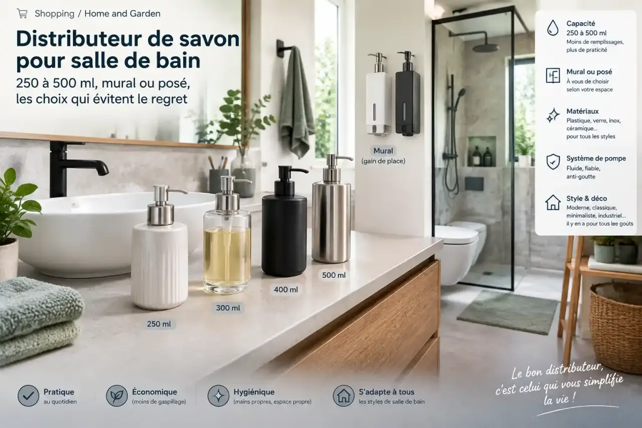 Distributeur de savon pour salle de bain : 250 à 500 ml, mural ou posé, les choix qui évitent le regret