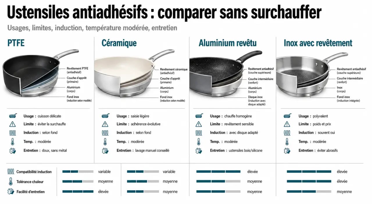 Comparatif des ustensiles de cuisine antiadhésifs : PTFE, céramique, aluminium revêtu et inox